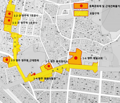 ▲ 문화재청이 등록문화재 지정 공고문과 함께 발표한 지도. 노란색은 일대의 거리 포함구역이고 주황색은 개별 근대건축 구조물을 표시한다.