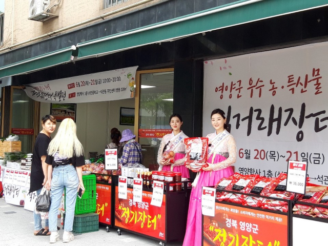 ▲ 영양군이 21일 서울 성북구에 위치한 영양학사에서 영양군 우수 농·특산물 특별 판매 행사를 개최하고 있다.