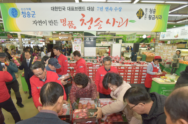 ▲ 하나로마트 서울 양재점에서 청송사과 홍보 판촉행사가 진행되고 있다.