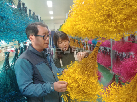 ▲ 박지훈 대표와 아내 신동숙씨가 안개꽃으로 만든 노란색 프리저브드의 상태를 점검하고 있다.