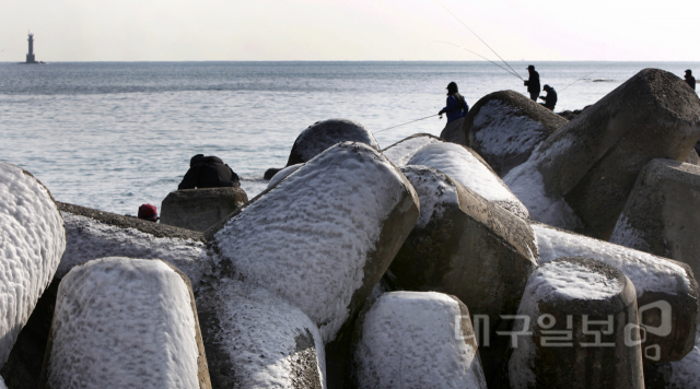 ▲ 8일 오전 포항시 구룡포읍 인근 겨울바다. 바닷물이 파도쳐 얼어 있는 테트라포드에서 강태공들이 낚시를 즐기고 있다.