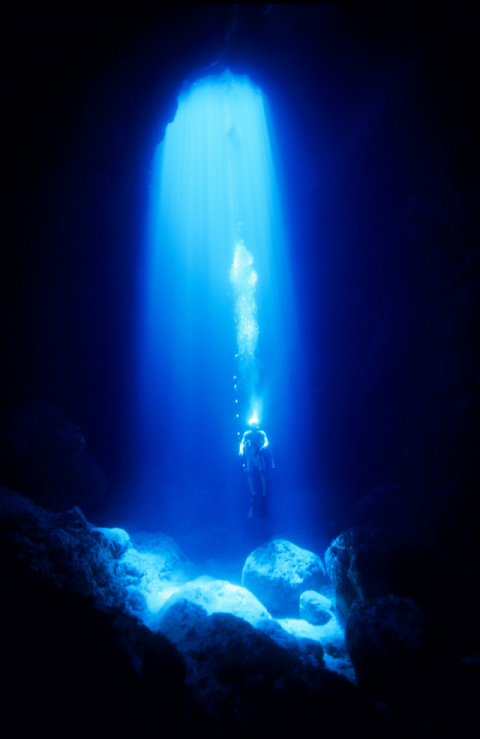 ▲ 로타에서 가장 유명한 다이빙 장소는 로타 홀로 알려진 센하논 동굴이다. 동굴 가장 꼭대기를 통해 들어오는 빛줄기에 다이버들이 매달려 있는 듯 한 절경이 펼쳐진다.