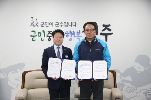 ▲ 이병환 성주군수(왼쪽)와 김현태 왕보 대표가 지난 3일 성주군청 군수실에서 사업장 확장을 위한 투자양해각서를 체결했다.