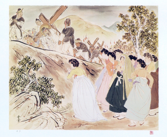 ▲ 대백프라자갤러리, 김기창 화백의 '십자가를 지고' 판화 작품
