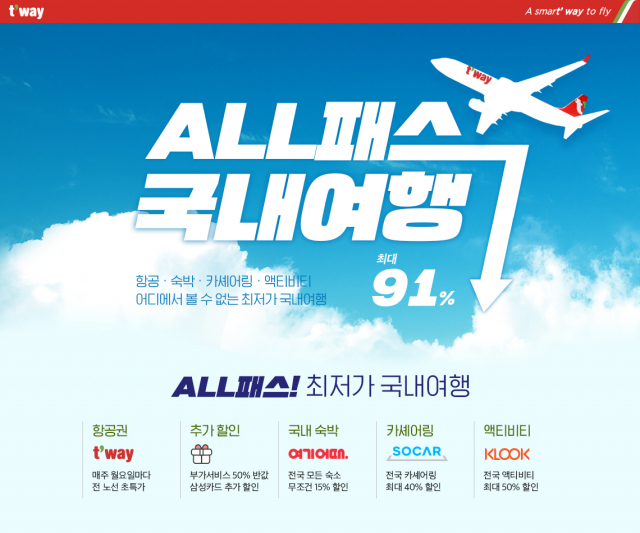 ▲ 티웨이항공이 15일부터 ‘ALL PASS 최저가 국내여행’ 이벤트를 실시한다.