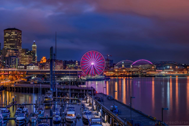 ▲ 시애틀 대관람차는 42개의 곤돌라를 가지고 있다. 한 개의 곤돌라에 8명의 승객이 탈 수 있어 총 300명 이상의 관람객이 이용 할 수 있다. 출처 Visit Seattle ＆ Seattle Great Wheel.