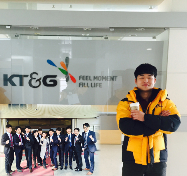 ▲ 경북공업고등학교 이명재 졸업생(2015년)이 KT＆G에 합격할 당시 회사에서 기념촬영을 하고 있다.