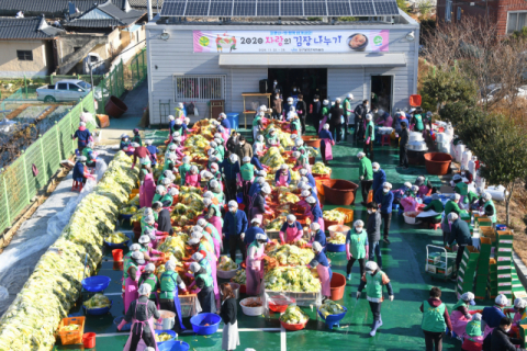 ▲ 대구 달성군새마을회는 지난 22~25일 나흘간 새마을회관 마당에서 ‘2020년 사랑의 김장나누기 행사’를 실시했다. 사진은 참가자들이 김장을 하는 모습.