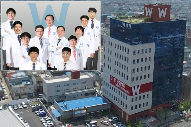 ▲ W병원의 의료진들과 드론으로 촬영한 병원 전경 모습.