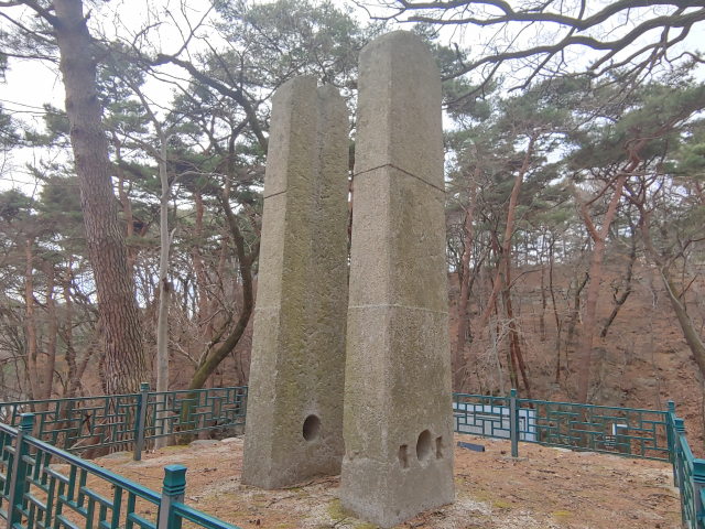 ▲ 통일신라 말기에 만든 높이 3.1m의 당간지주의 모습. 보물 제254호이며 동화사 입구에 서있다.