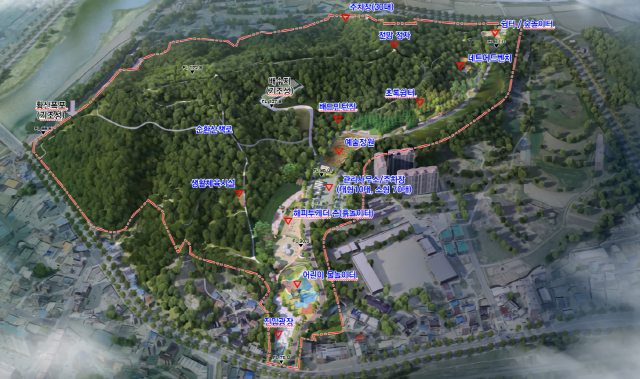 ▲ 김천시가 345억 원을 투입해 황산폭포와 연계한 황산 일원의 부지(29만6천㎡)를 황산공원으로 조성한다. 황산공원의 계획도.