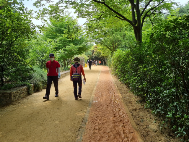 ▲ 23일 대구시민들이 수목원 내 있는 흙길 산책로와 맨발 황톳길을 이용하고 있다.