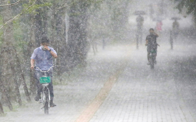 ▲ 30일 오후 소나기가 내린 서울 송파구 위례성길에서 따릉이를 탄 시민이 비를 맞으며 길을 지나고 있다. 연합뉴스