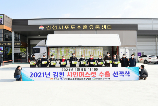 ▲ 김천시가 지난 1월 김천시포도수출유통센터에서 샤인머스캣 수출 선적식을 개최하고 있다.