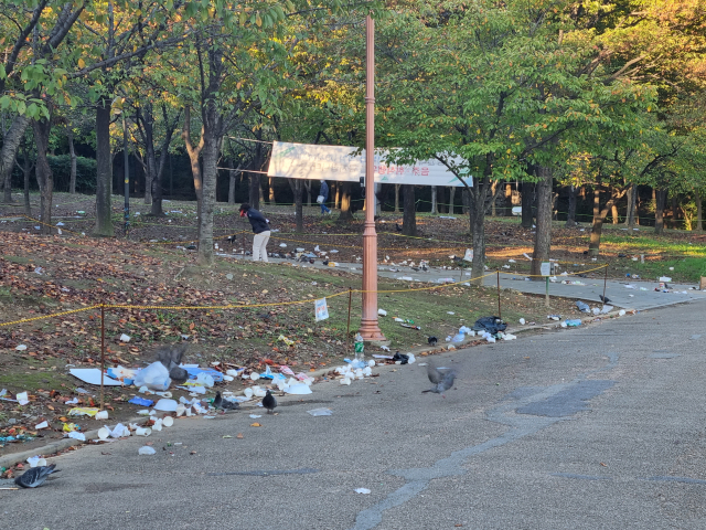▲ 17일 오전 대구 달서구 두류공원 코오롱야외음악당에서 산책을 하는 한 시민이 바람에 뒹굴고 있는 쓰레기를 보고 있다. 비둘기들은 쓰레기들 사이의 음식물을 주워 먹고 있다.