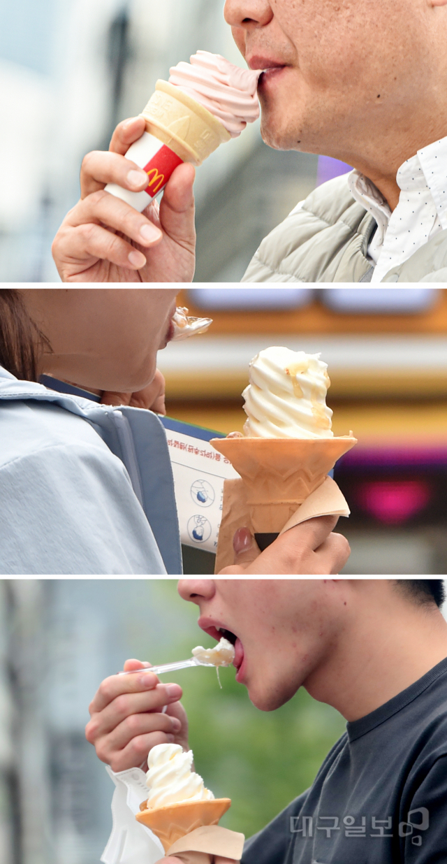 ▲ 대구 낮 최고기온이 30℃까지 오른 20일 오후 대구시 중구 동성로 거리에서 시민들이 아이스크림을 먹으며 더위를 식히고 있다.