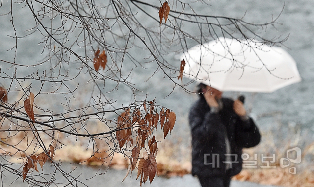 ▲ 겨울비가 내린 14일 오후 대구 중구 대봉교에서 한 시민이 우산을 쓰고 이동하고 있다.